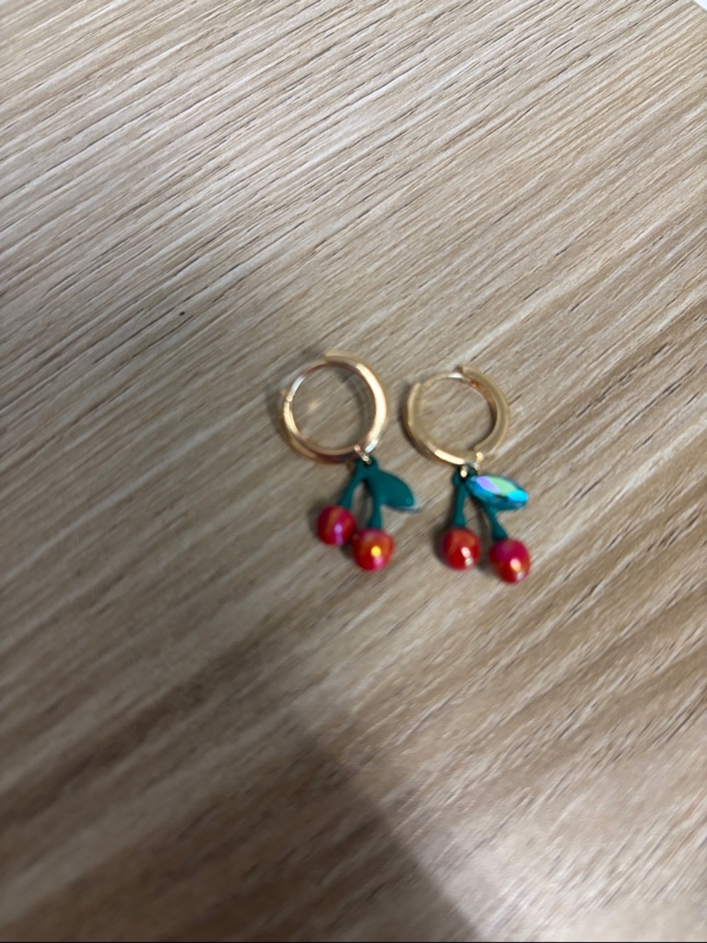 Gold Cherry Hoop Earrings with Red Enamel Charms